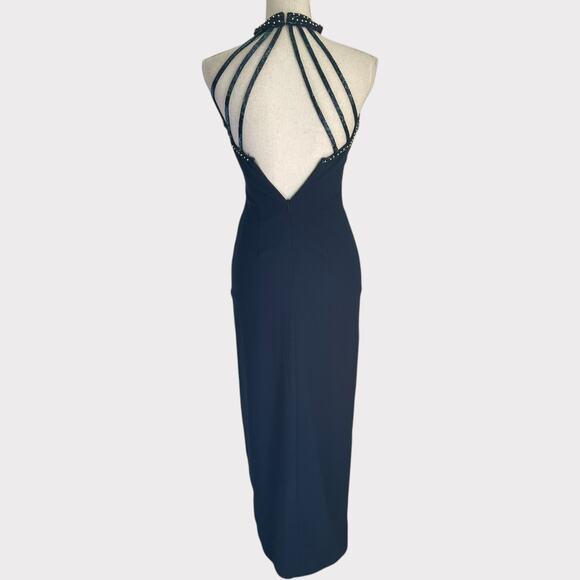 Alyce Designs Beaded Gown Long Teal Strappy Back Zip Closure Size 2 Side Slit - Picture 7 of 9